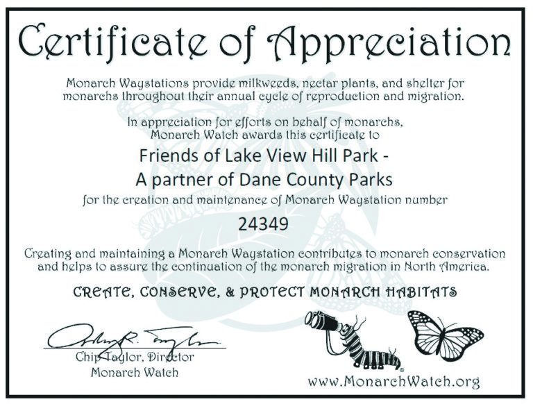 Lake View Hill designated as a Monarch waystation