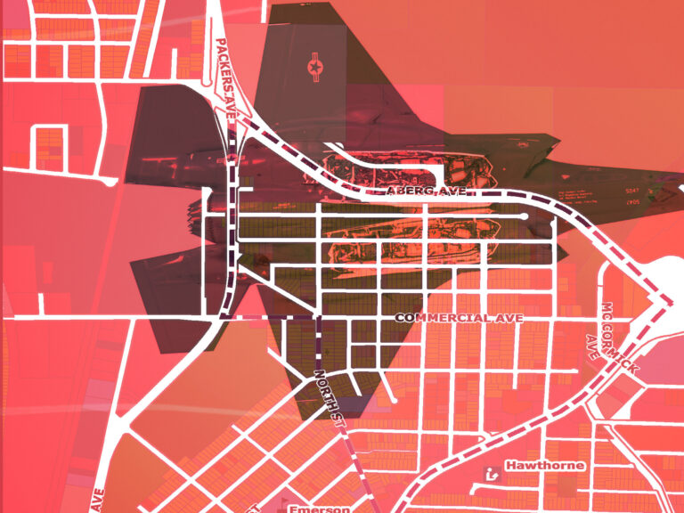 The header image to the article: the silhouette of a fighter jet superimposed on a grid map of Eken Park neighborhood showing the street lines in white with an orange and pink background.
